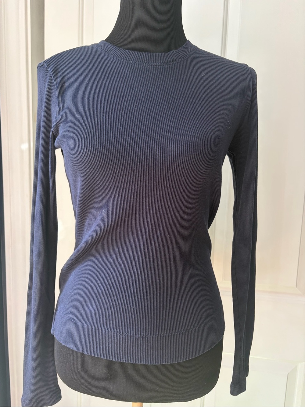 Theory Navy Ribbed Long-Sleeve Crewneck Top